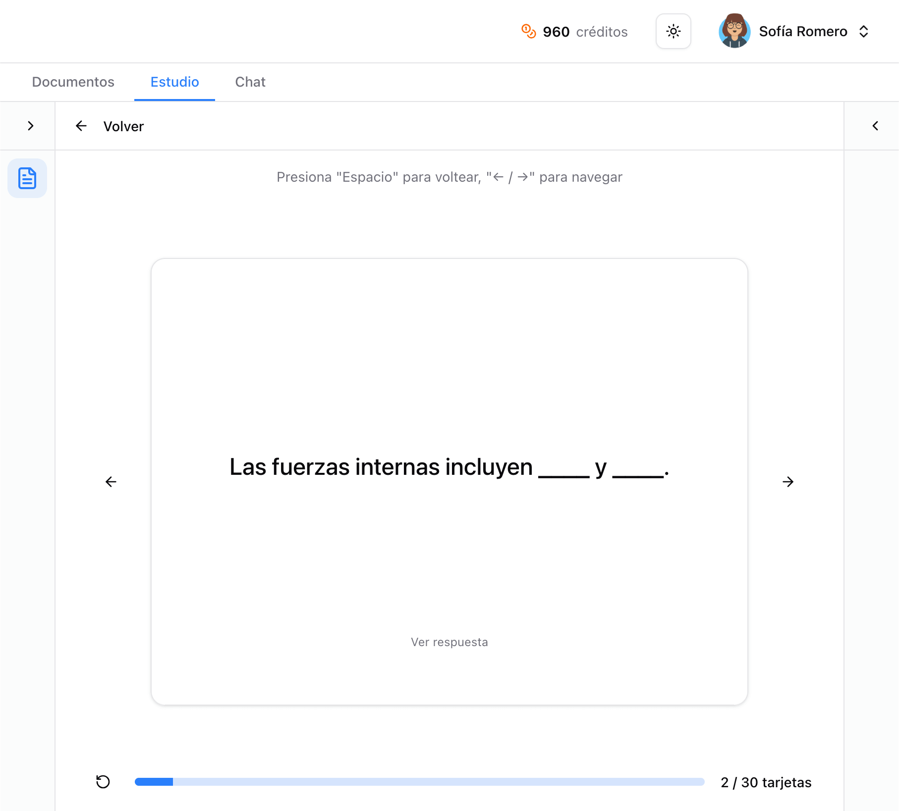 Vista de tarjetas de estudio en Estulio para repasar conceptos